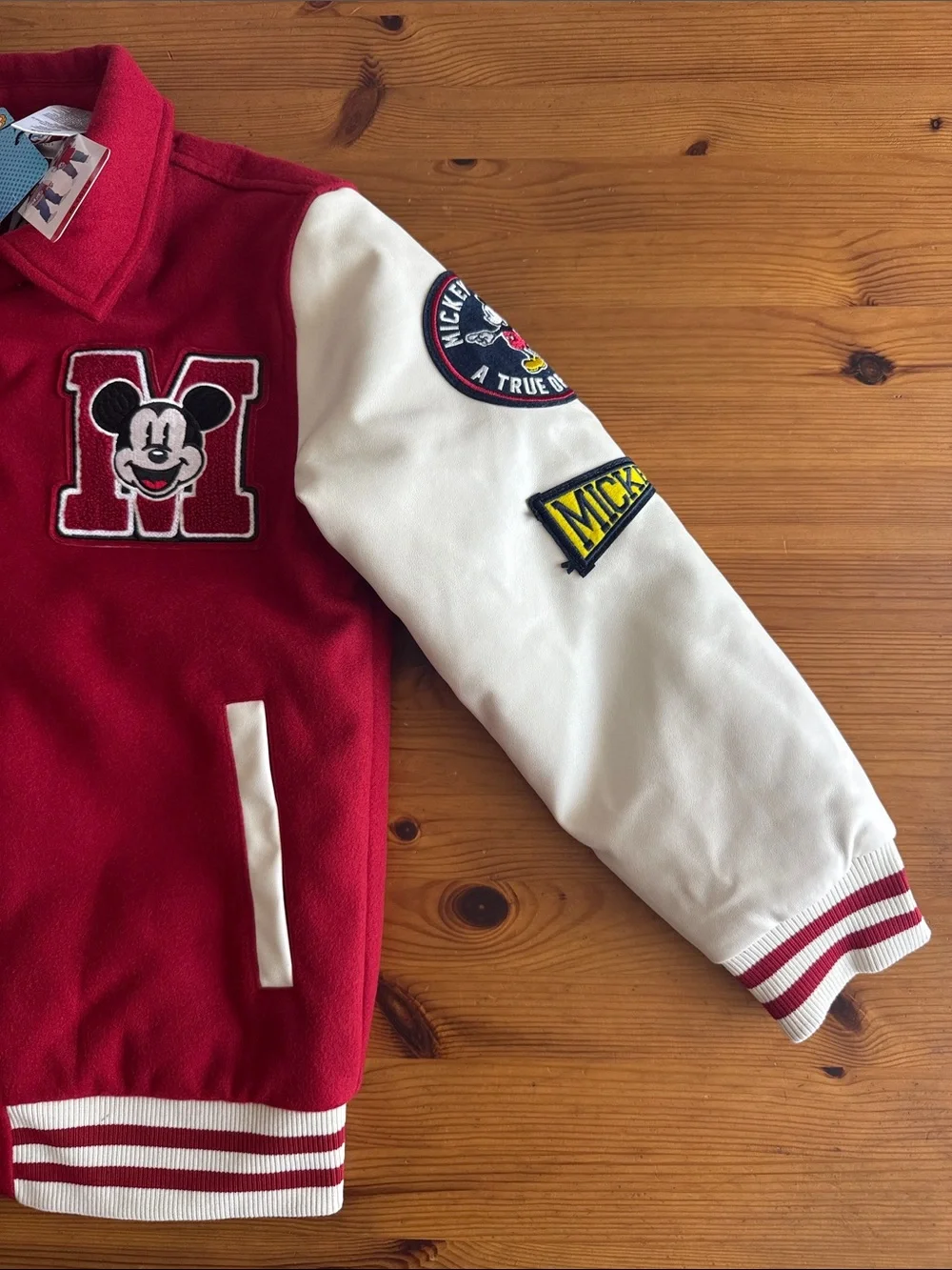 Disney Red and White Mickey Mouse Youth Varsity Jacket with Embroidery Patches